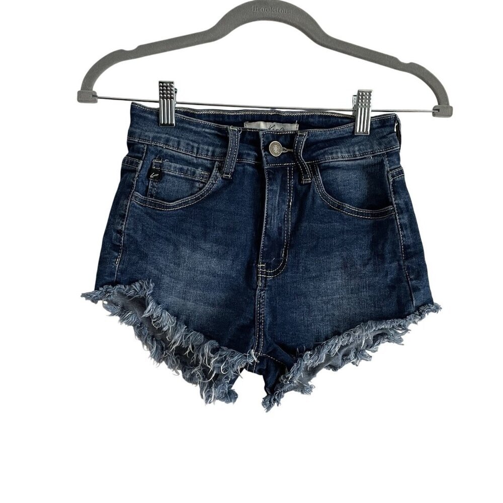 KanCan Women 3/25 Dark Wash Denim High-Rise Frayed Raw Fringe Hem Jean Shorts